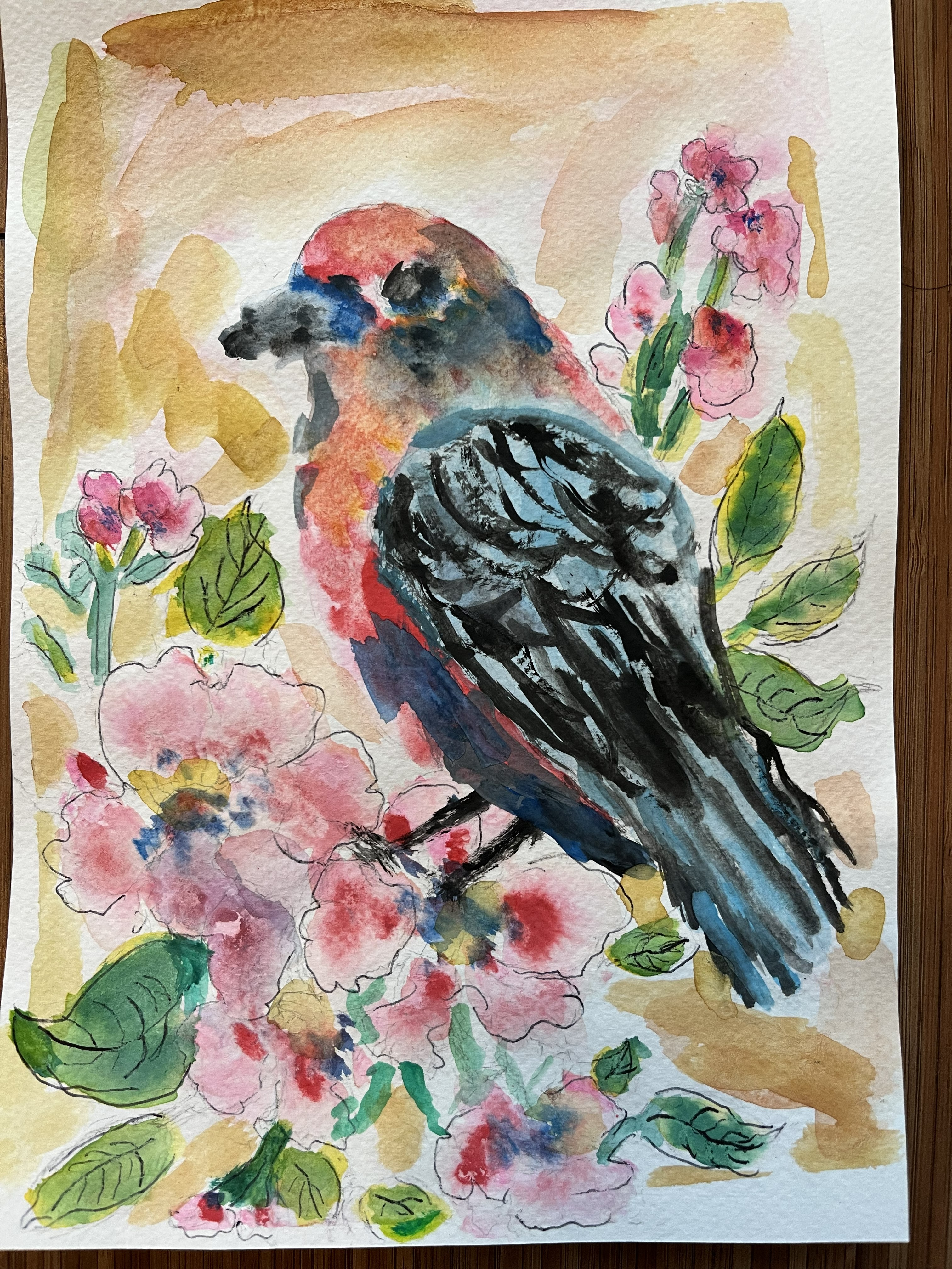 A bird with some pink flowers